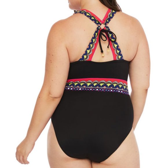 NWOT Trina Turk Plus Tanzania Scarf Plunge One Piece Swimsuit Size W22 - Picture 2 of 9